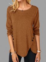Womens Casual Long Sleeve Tunic Shirts Round Neck Button Side Blouses Tops - Image 7